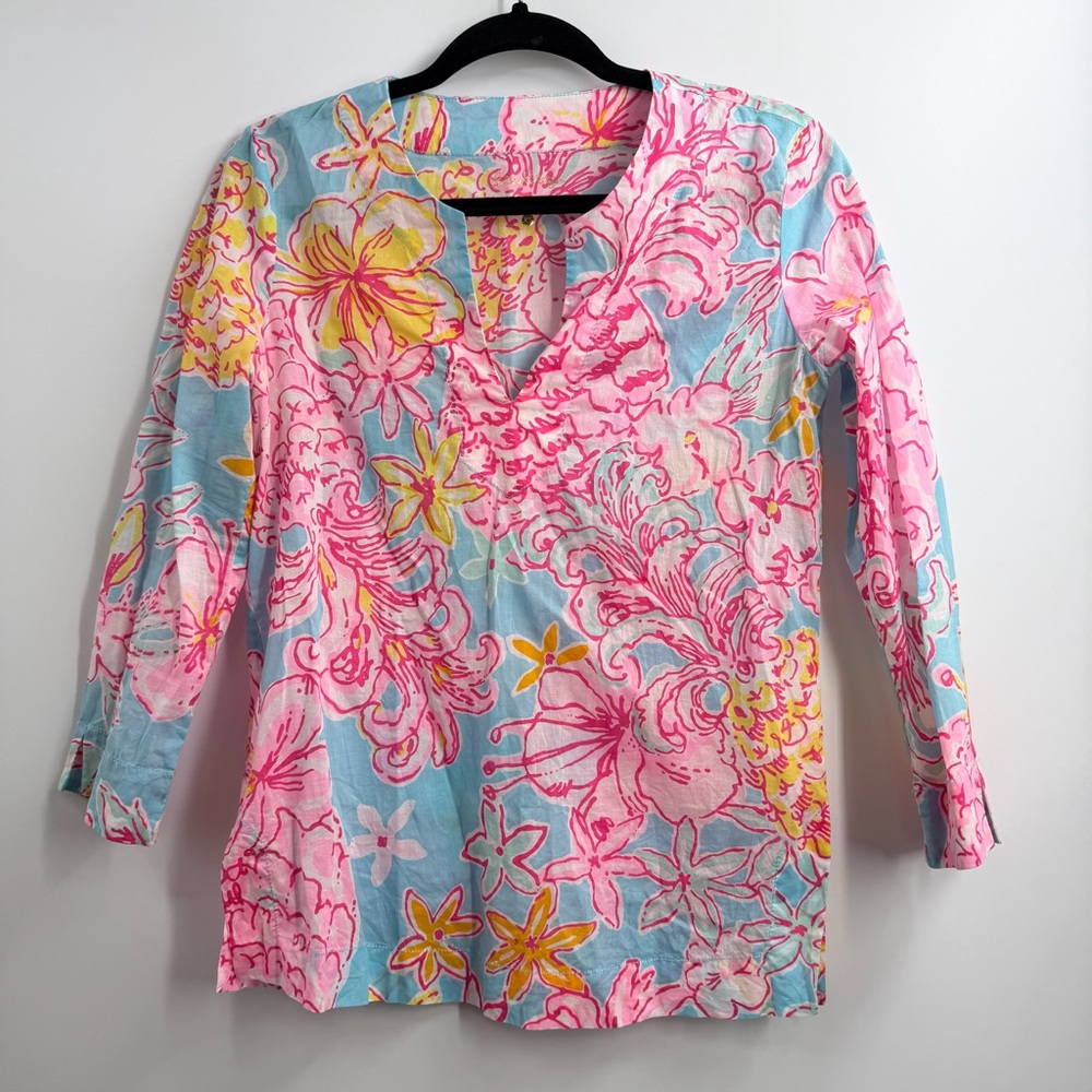 Lilly Pulitzer Amelia Island Tunic XS Lolita Breakwater Blue Floral Cotton
